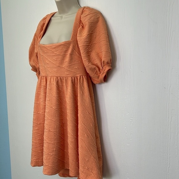 Free People - Orange Square Neck Puffy Sleeves Fun Design Mini Swing Dress Sm - Picture 5 of 9